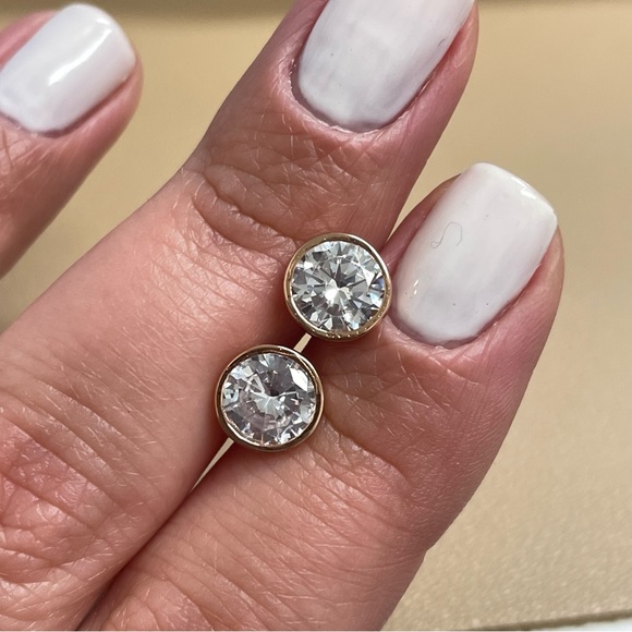 Diamond Stud Earrings, Sterling Silver with 14k Rose Gold, Bezel Stud Earrings - Picture 9 of 11